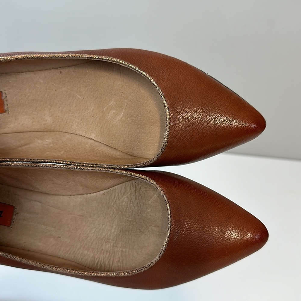 Miz Mooz Chestnut Leather Pointed-Toe Flats with Gold Heel Detail - Picture 13 of 16